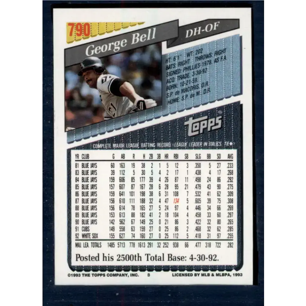 1993 Topps #790 George Bell NM-MT Chicago White Sox Baseball Card - Baseball Card Single