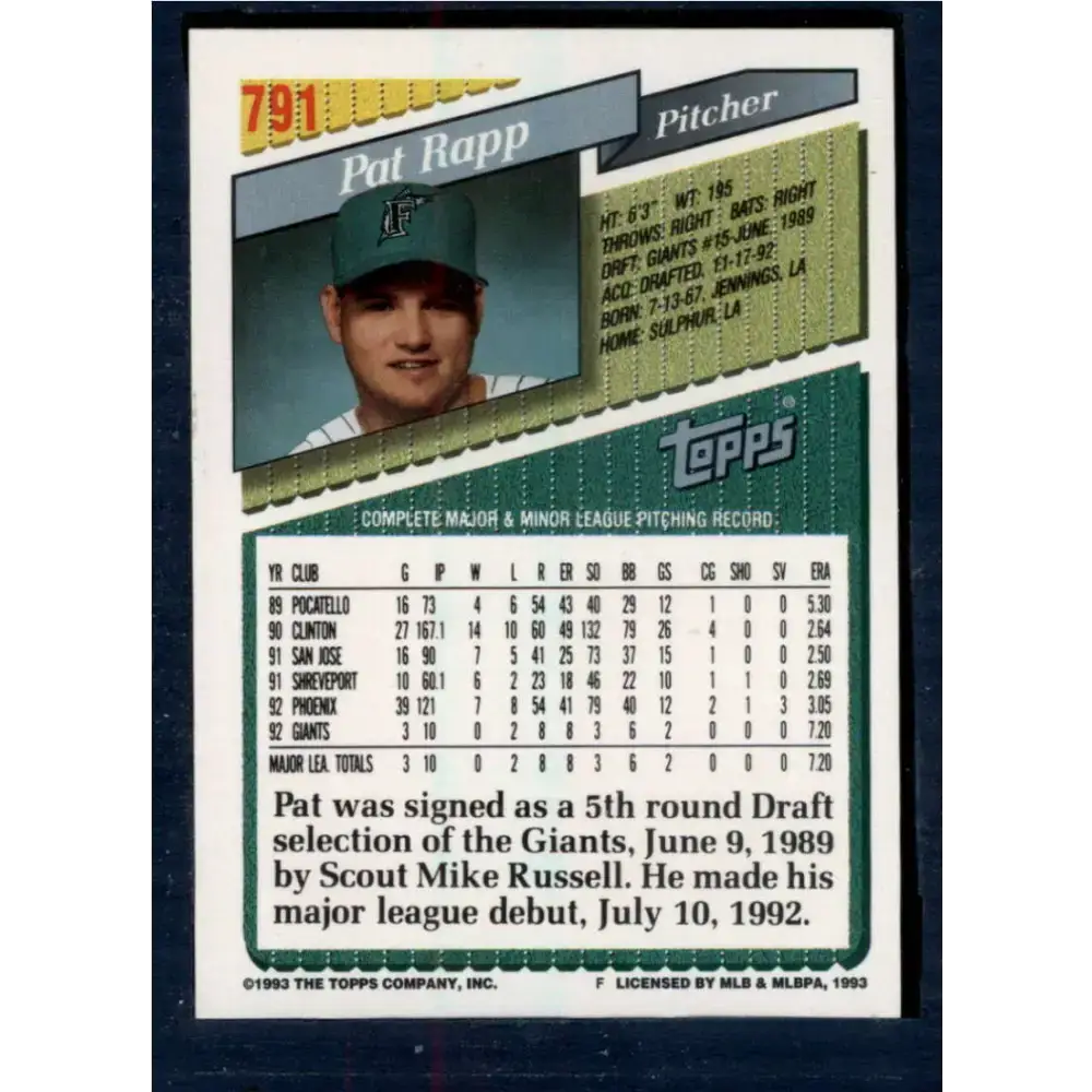 1993 Topps #791 Pat Rapp NM-MT Florida Marlins Baseball Card - Baseball Card Single