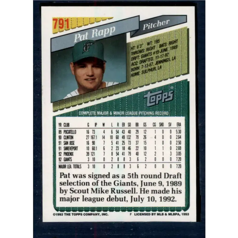 1993 Topps #791 Pat Rapp NM-MT Florida Marlins Baseball Card - Baseball Card Single