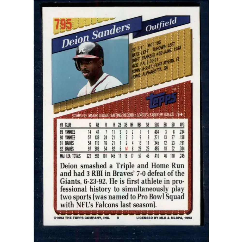 1993 Topps #795 Deion Sanders NM-MT Atlanta Braves Baseball Card