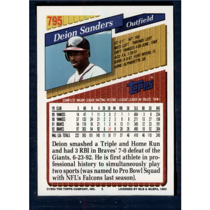 1993 Topps #795 Deion Sanders NM-MT Atlanta Braves Baseball Card