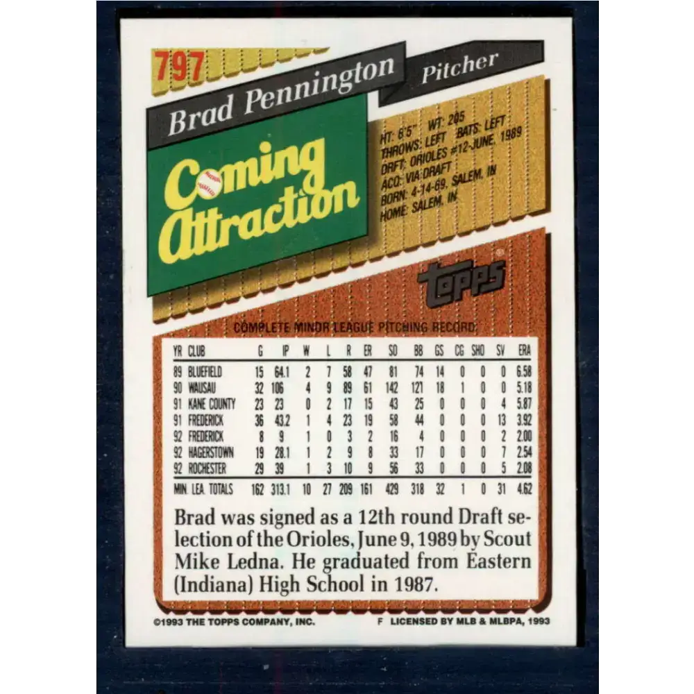 1993 Topps #797 Brad Pennington NM-MT Baltimore Orioles Baseball Card - Baseball Card Single