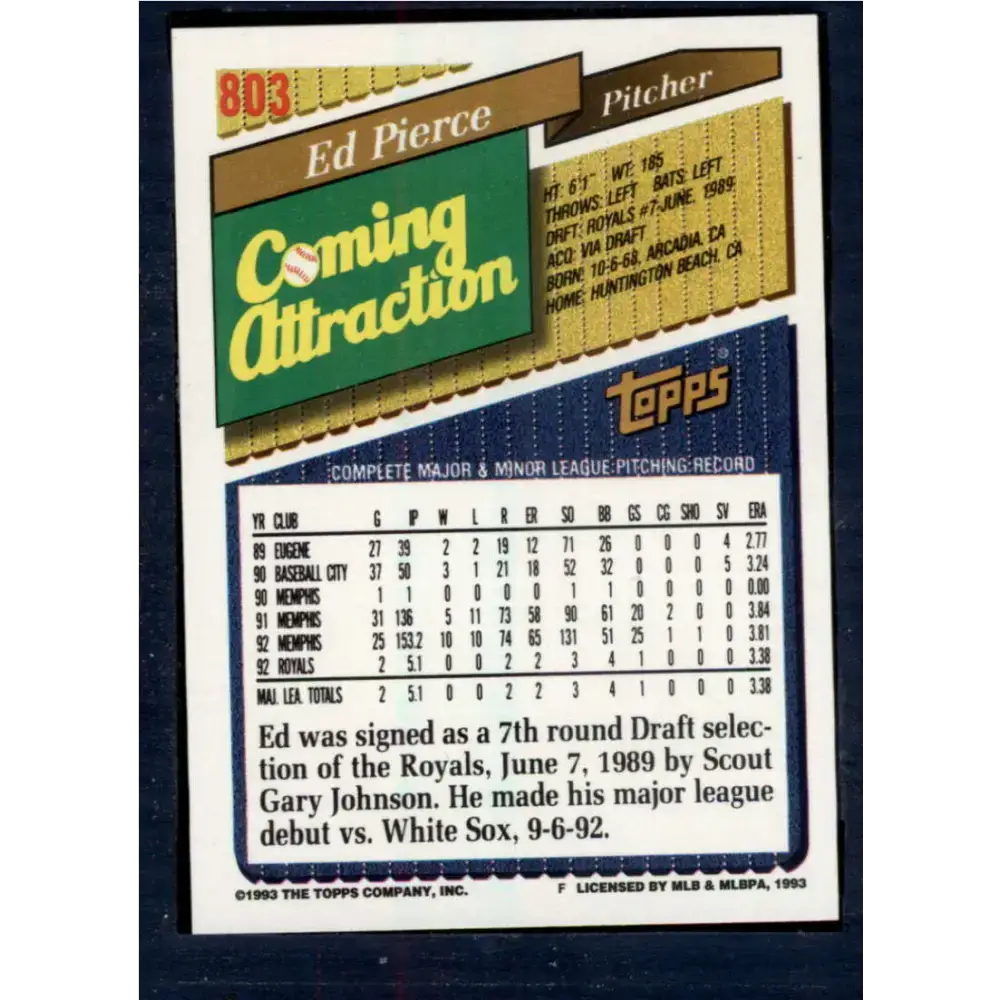 1993 Topps #803 Eddie Pierce NM-MT RC Rookie Kansas City Royals Baseball Card - Baseball Card Single
