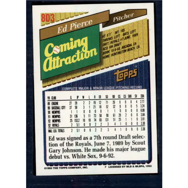1993 Topps #803 Eddie Pierce NM-MT RC Rookie Kansas City Royals Baseball Card - Baseball Card Single