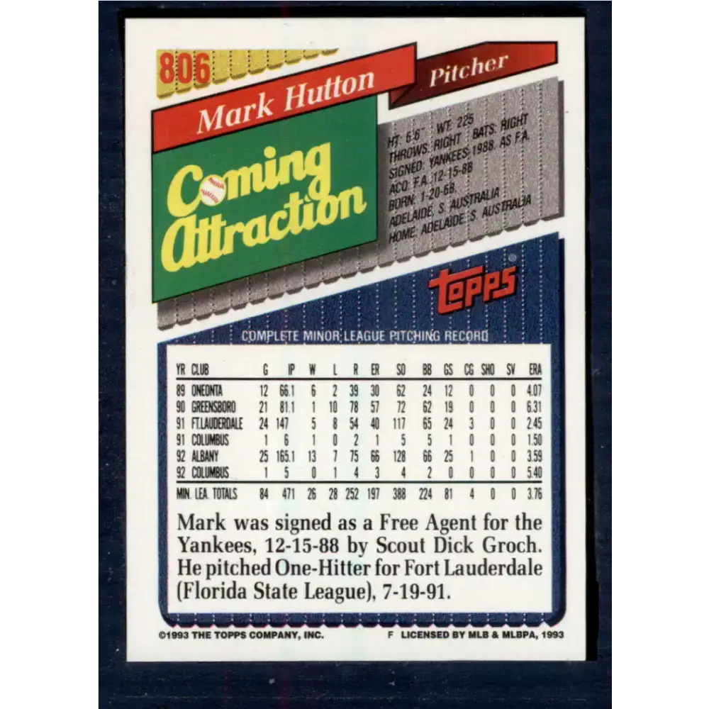 1993 Topps #806 Mark Hutton NM-MT New York Yankees Baseball Card - Baseball Card Single
