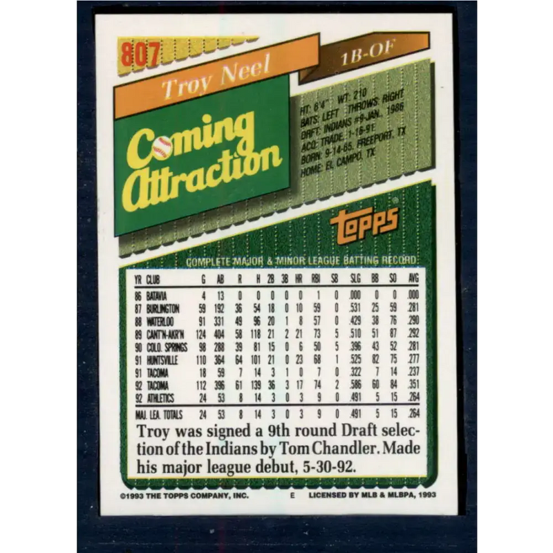 1993 Topps #807 Troy Neel NM-MT Oakland Athletics Baseball Card - Baseball Card Single