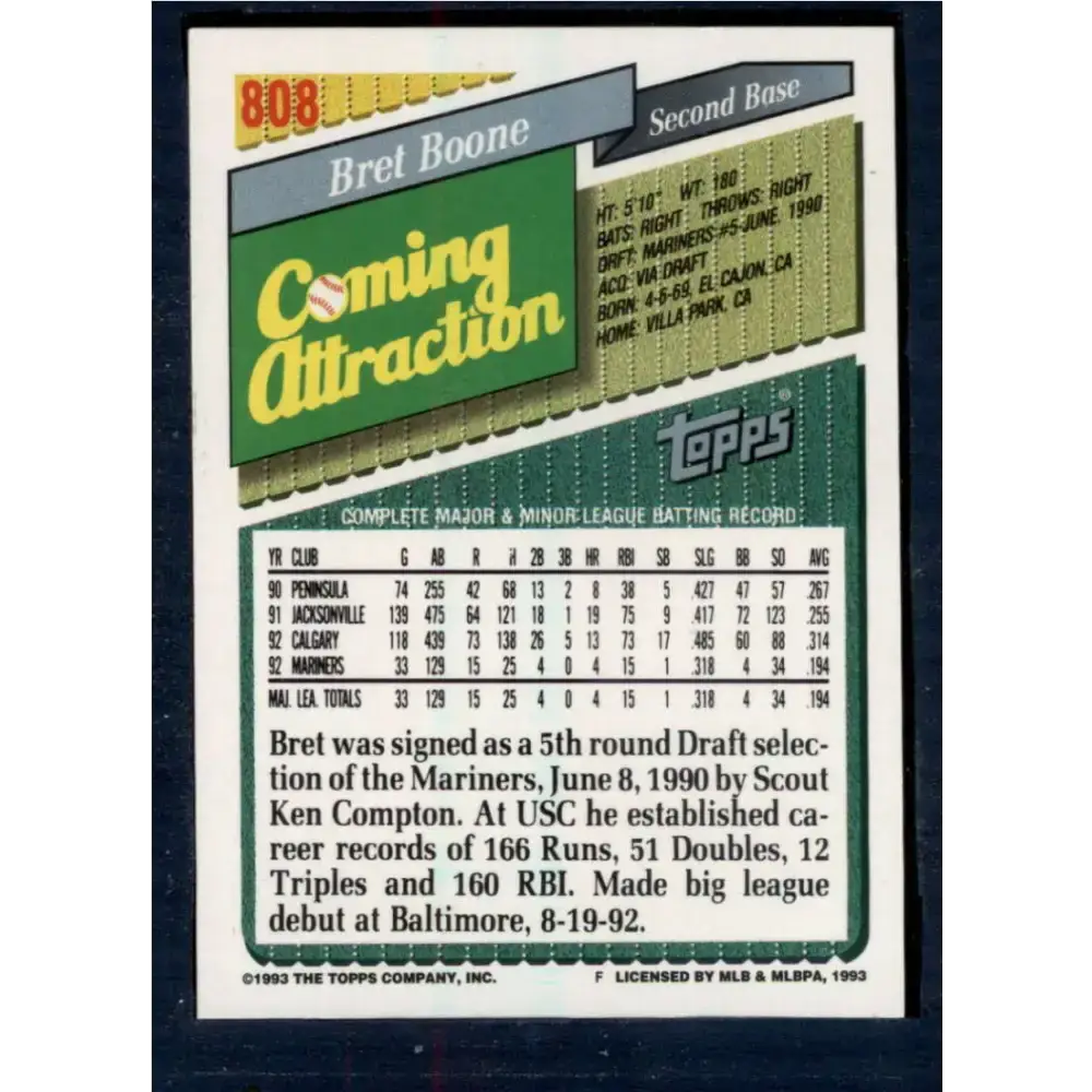 1993 Topps #808 Bret Boone NM-MT Seattle Mariners Baseball Card - Baseball Card Single