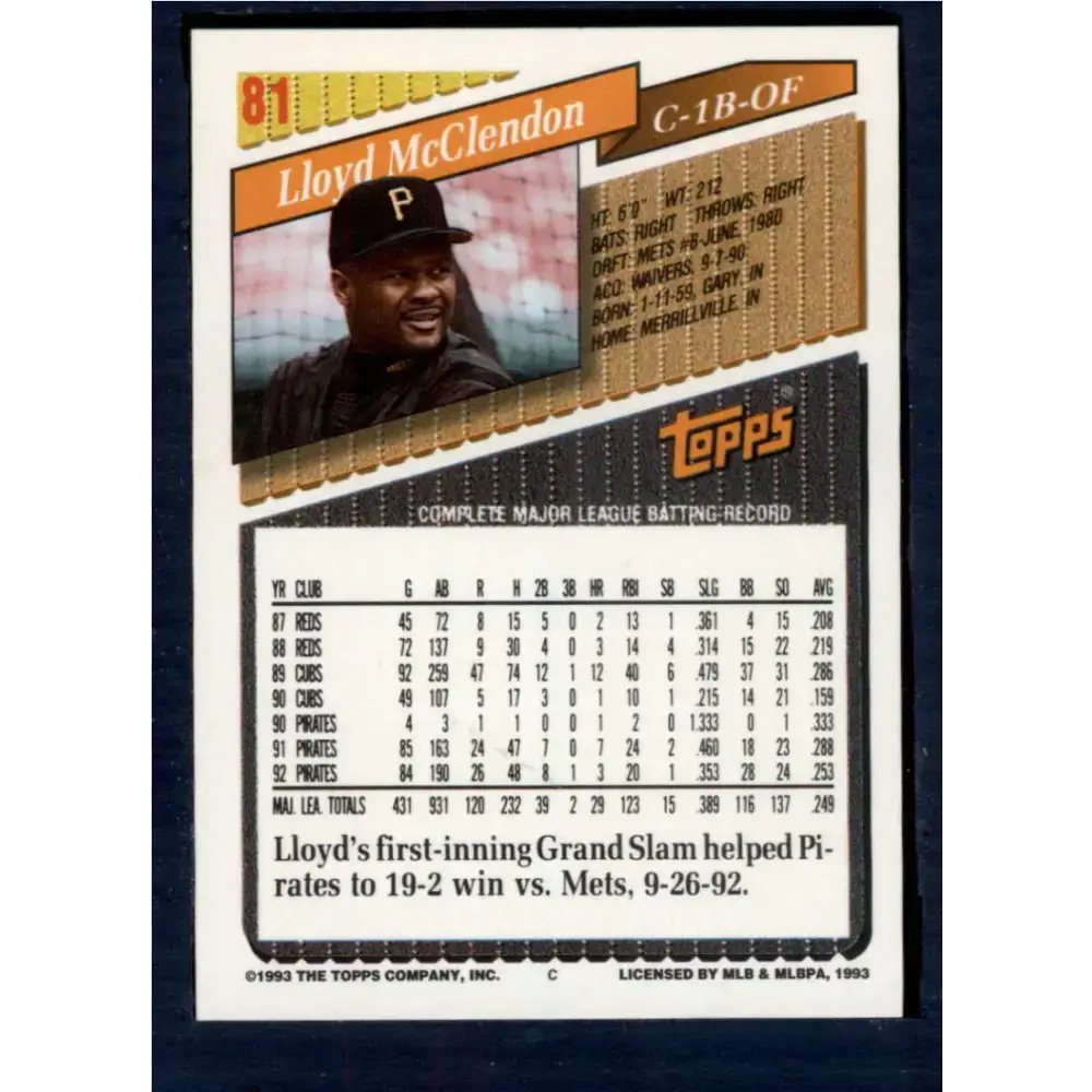 1993 Topps #81 Lloyd McClendon NM-MT Pittsburgh Pirates Baseball Card - Baseball Card Single