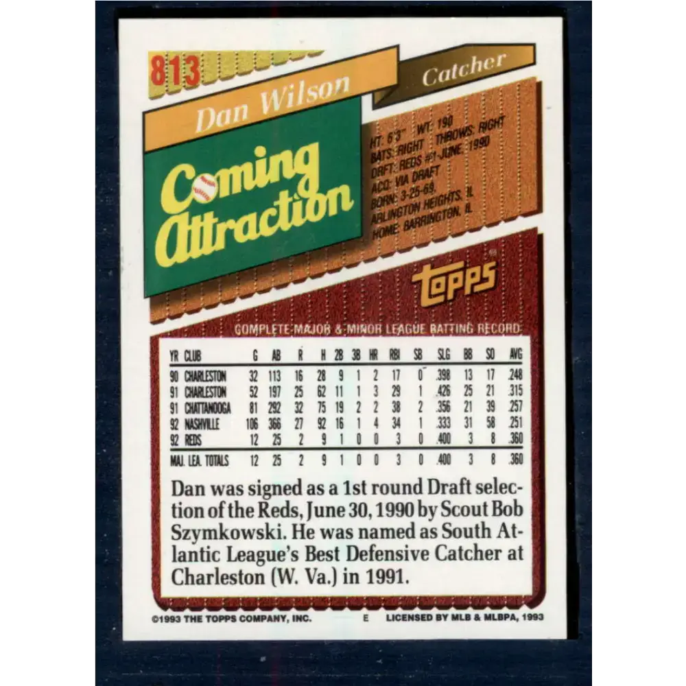 1993 Topps #813 Dan Wilson NM-MT Cincinnati Reds Baseball Card - Baseball Card Single