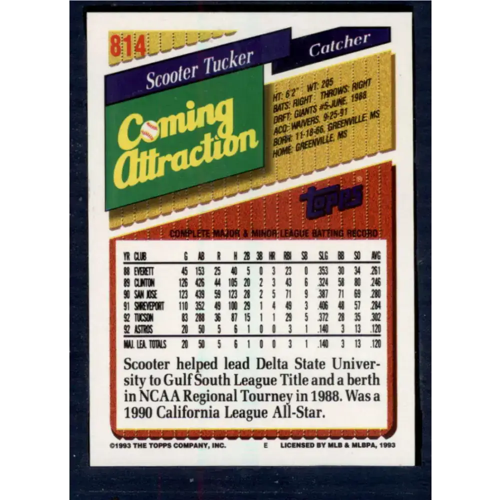 1993 Topps #814 Scooter Tucker NM-MT Houston Astros Baseball Card - Baseball Card Single