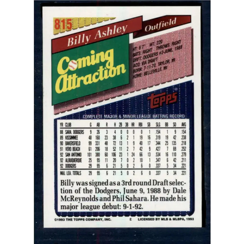 1993 Topps #815 Billy Ashley NM-MT Los Angeles Dodgers Baseball Card - Baseball Card Single