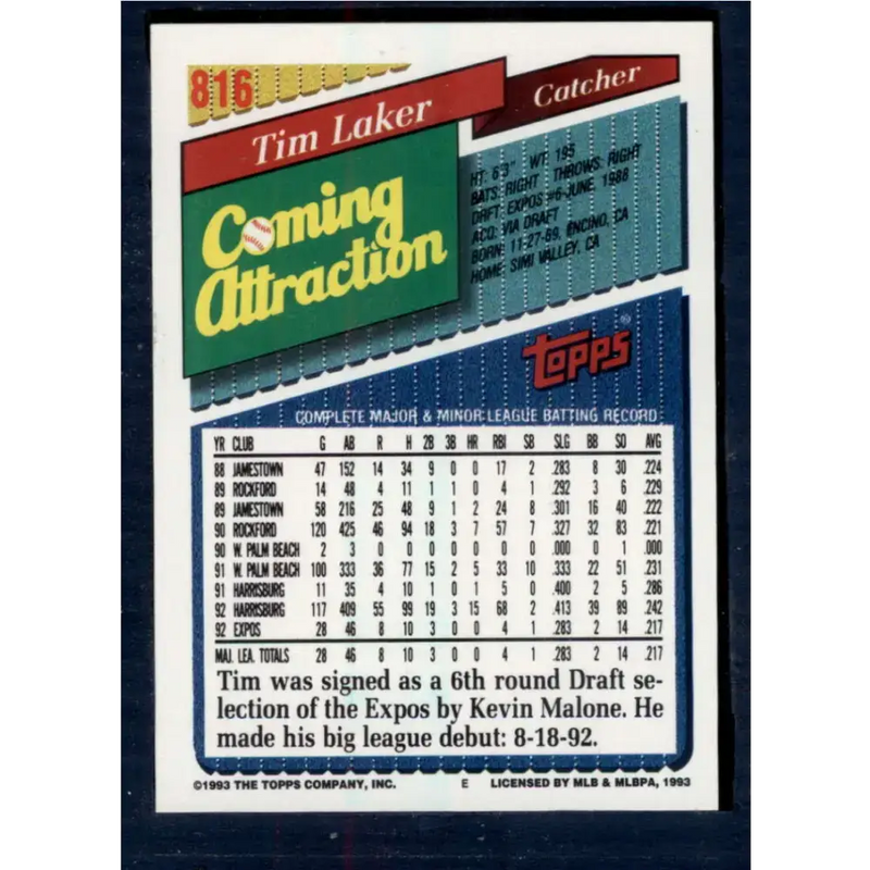 1993 Topps #816 Tim Laker NM-MT RC Rookie Montreal Expos Baseball Card - Baseball Card Single