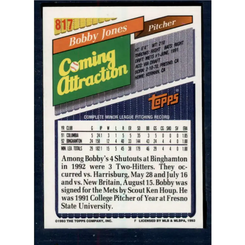 1993 Topps #817 Bobby Jones NM-MT New York Mets Baseball Card - Baseball Card Single