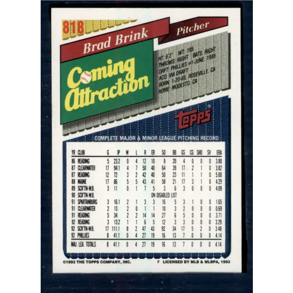 1993 Topps #818 Brad Brink NM-MT Philadelphia Phillies Baseball Card - Baseball Card Single