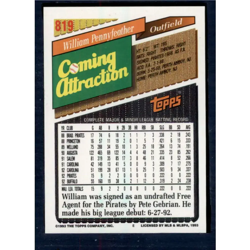 1993 Topps #819 Will Pennyfeather NM-MT Pittsburgh Pirates Baseball Card - Baseball Card Single