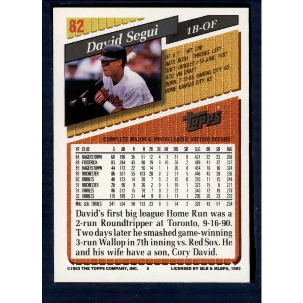 1993 Topps #82 David Segui NM-MT Baltimore Orioles Baseball Card - Baseball Card Single