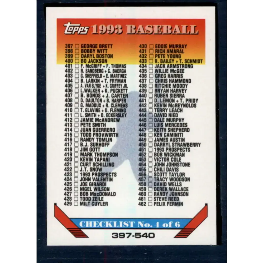 1993 Topps #823 Checklist 397-540 NM-MT Checklist Baseball Card - Baseball Card Single