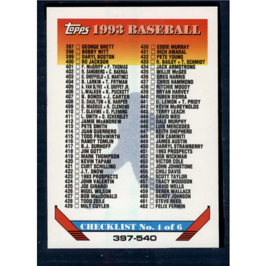 1993 Topps #823 Checklist 397-540 NM-MT Checklist Baseball Card - Baseball Card Single