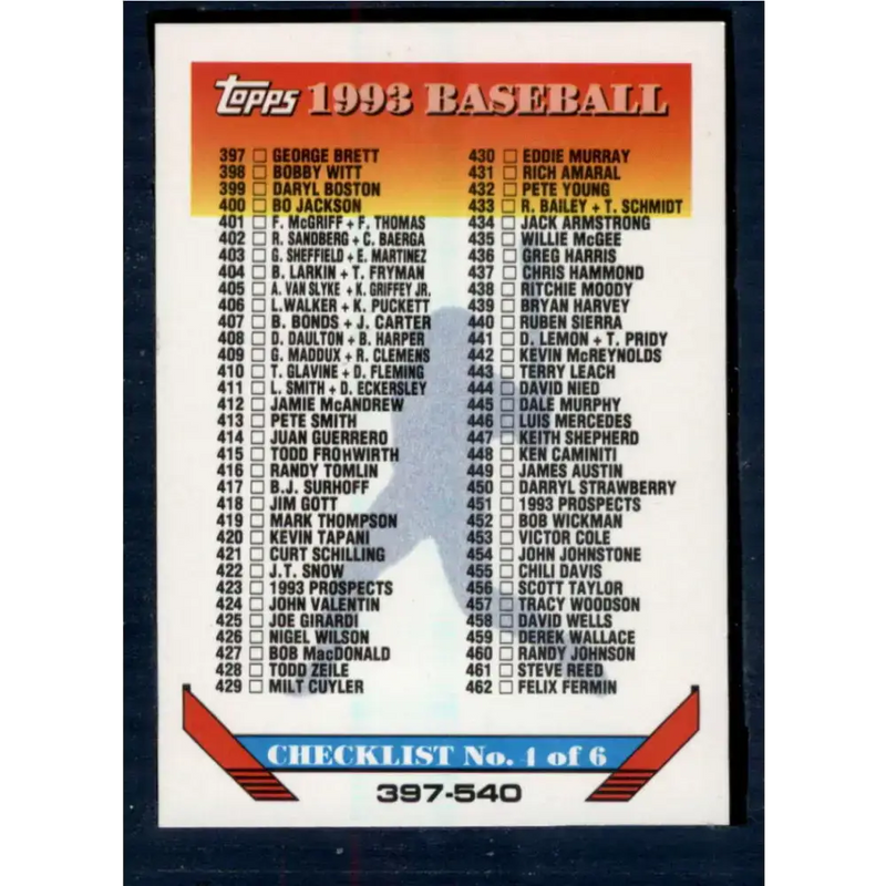 1993 Topps #823 Checklist 397-540 NM-MT Checklist Baseball Card - Baseball Card Single
