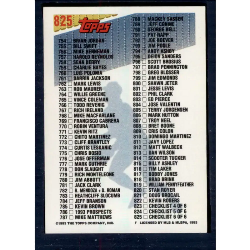 1993 Topps #825 Checklist 692-825 NM-MT Checklist Baseball Card - Baseball Card Single