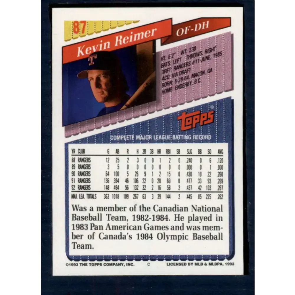 1993 Topps #87 Kevin Reimer NM-MT Texas Rangers Baseball Card - Baseball Card Single