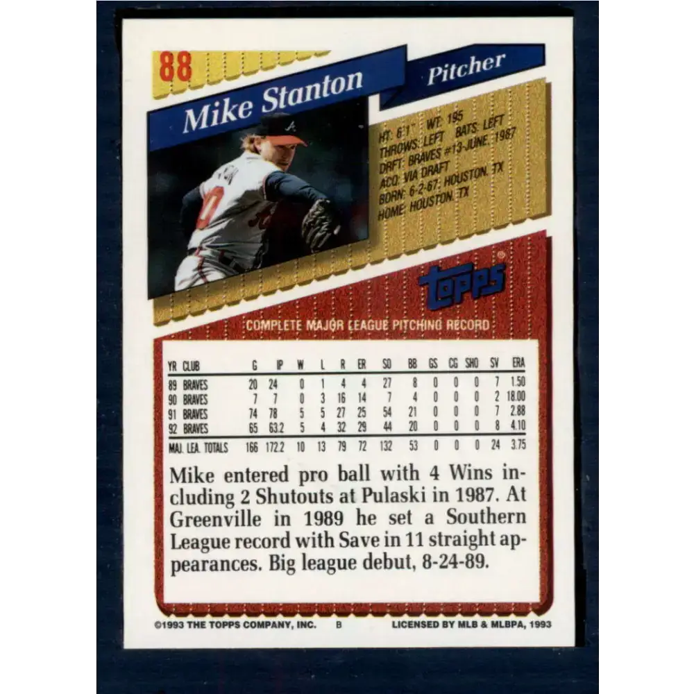 1993 Topps #88 Mike Stanton NM-MT Atlanta Braves Baseball Card