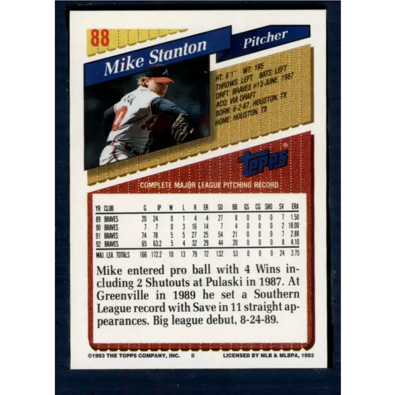 1993 Topps #88 Mike Stanton NM-MT Atlanta Braves Baseball Card