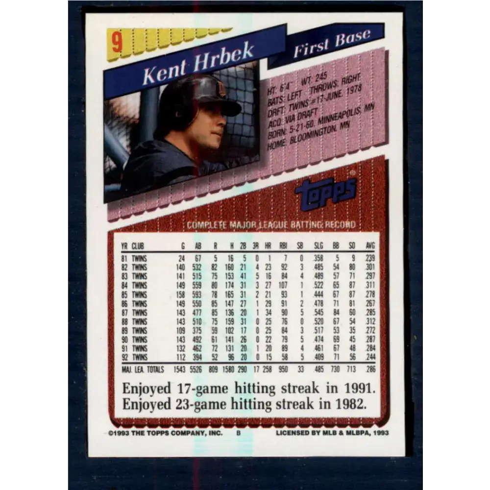 1993 Topps #9 Kent Hrbek NM-MT Minnesota Twins Baseball Card - Baseball Card Single