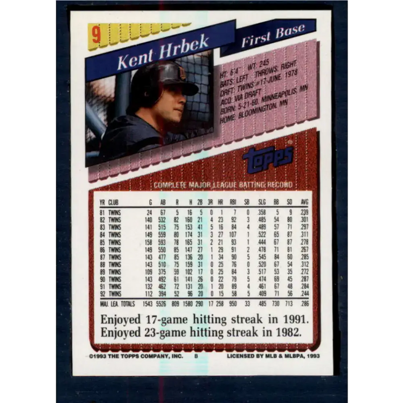 1993 Topps #9 Kent Hrbek NM-MT Minnesota Twins Baseball Card - Baseball Card Single