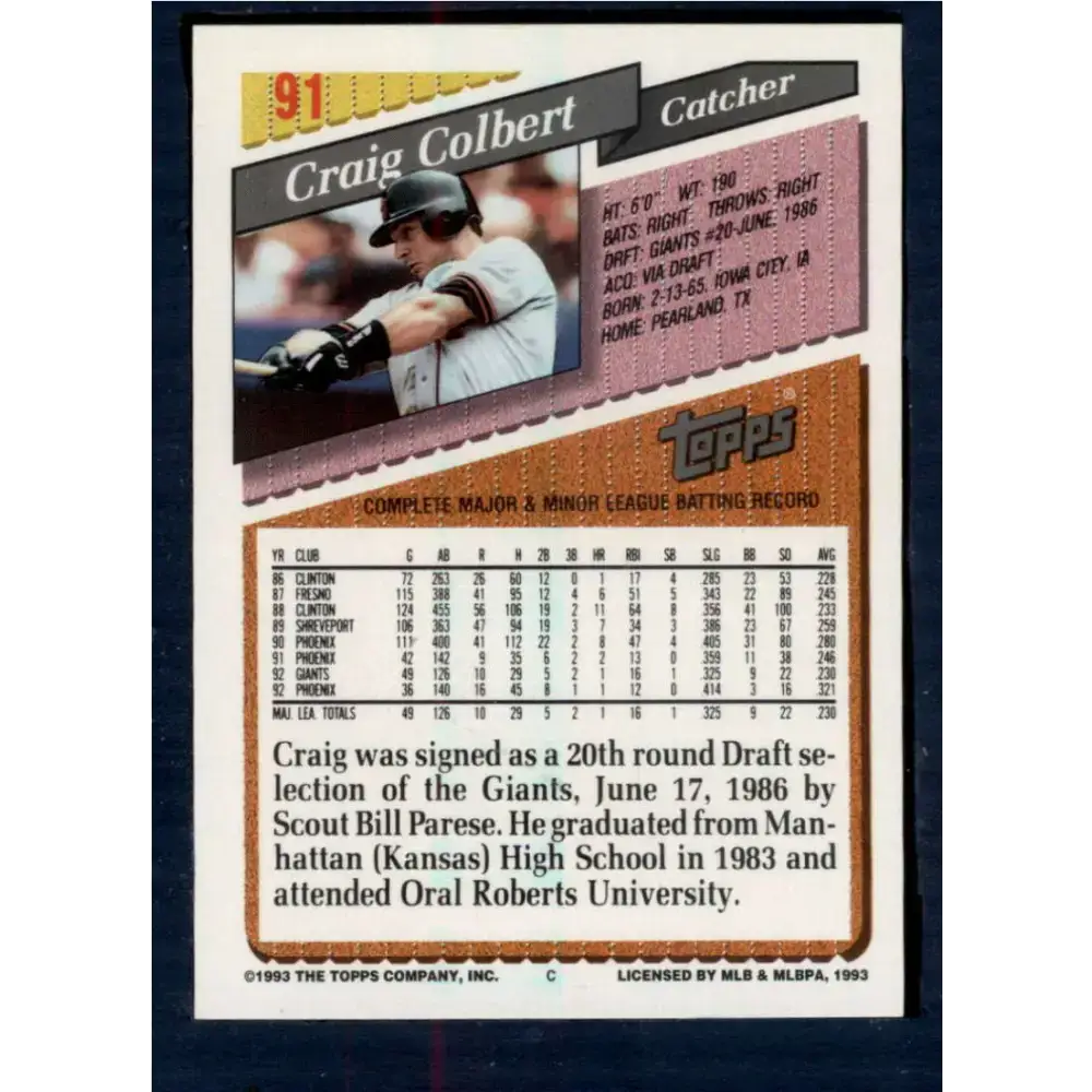 1993 Topps #91 Craig Colbert NM-MT San Francisco Giants Baseball Card