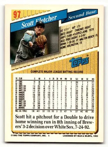 Original gloss Scott Fletcher Milwaukee baseball card from 1993 Topps #97 Fletcher Milwaukee Brewers