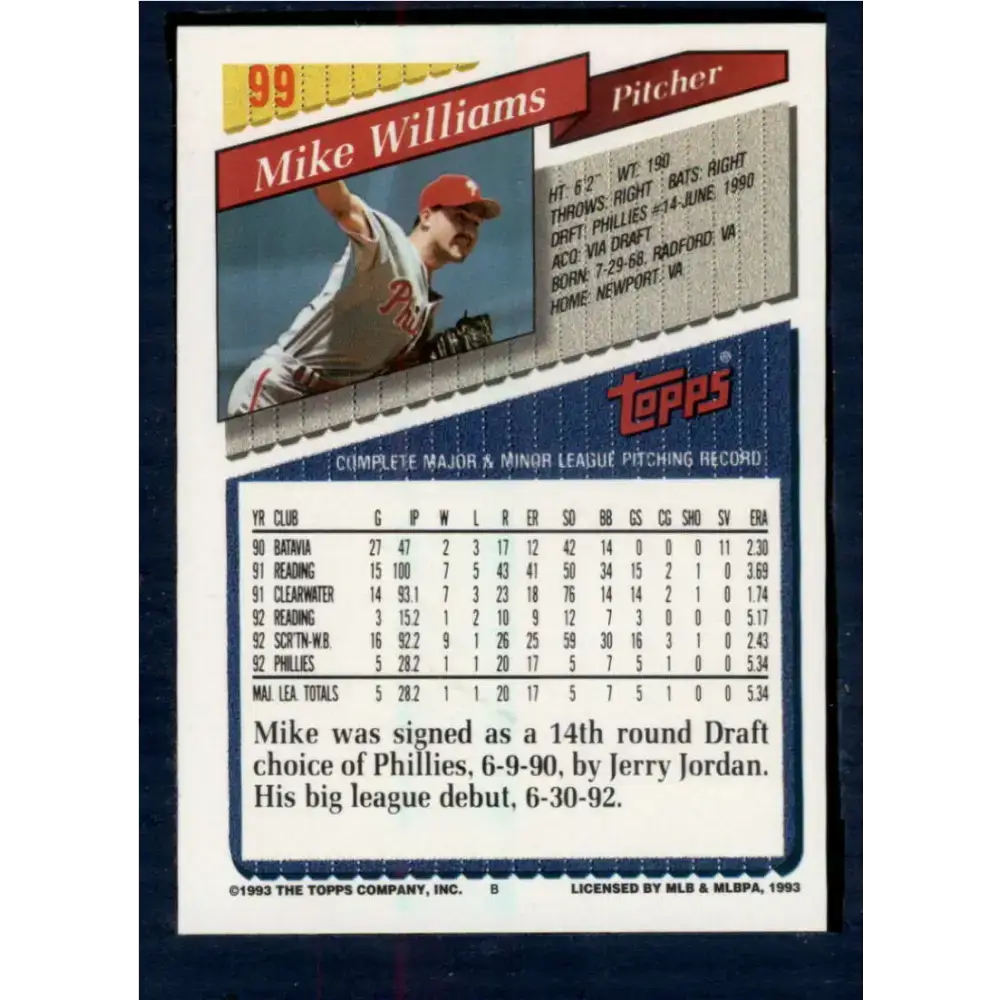 1993 Topps #99 Mike Williams NM-MT Philadelphia Phillies Baseball Card - Baseball Card Single