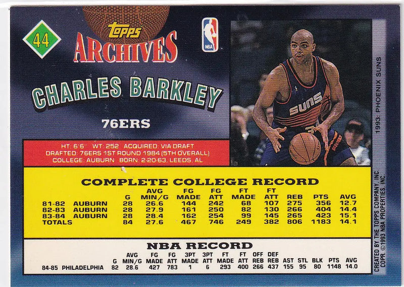 1993 TOPPS ARCHIVES #44 CHARLES BARKLEY- PHILADELPHIA 76ERS - Basketball Card Single