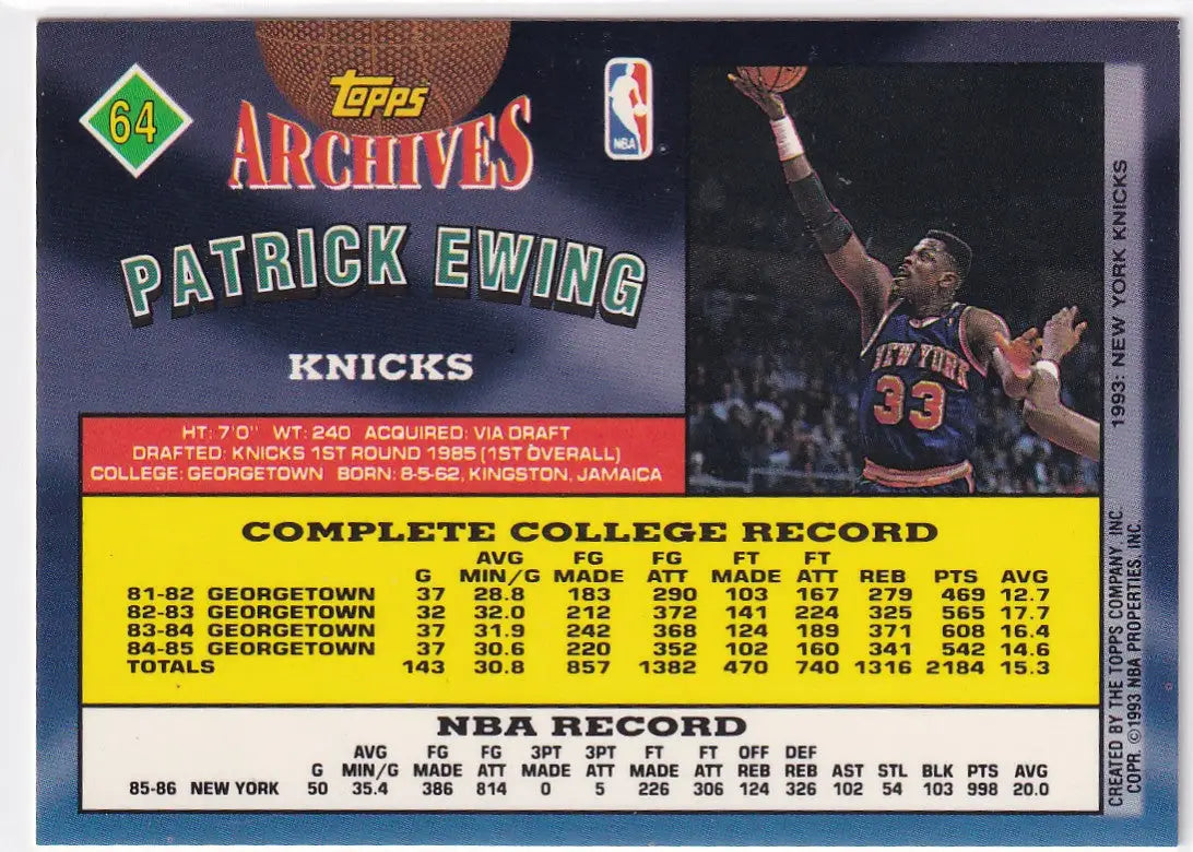 1993 TOPPS ARCHIVES #64 PATRICK EWING- NEW YORK KNICKS - Basketball Card Single