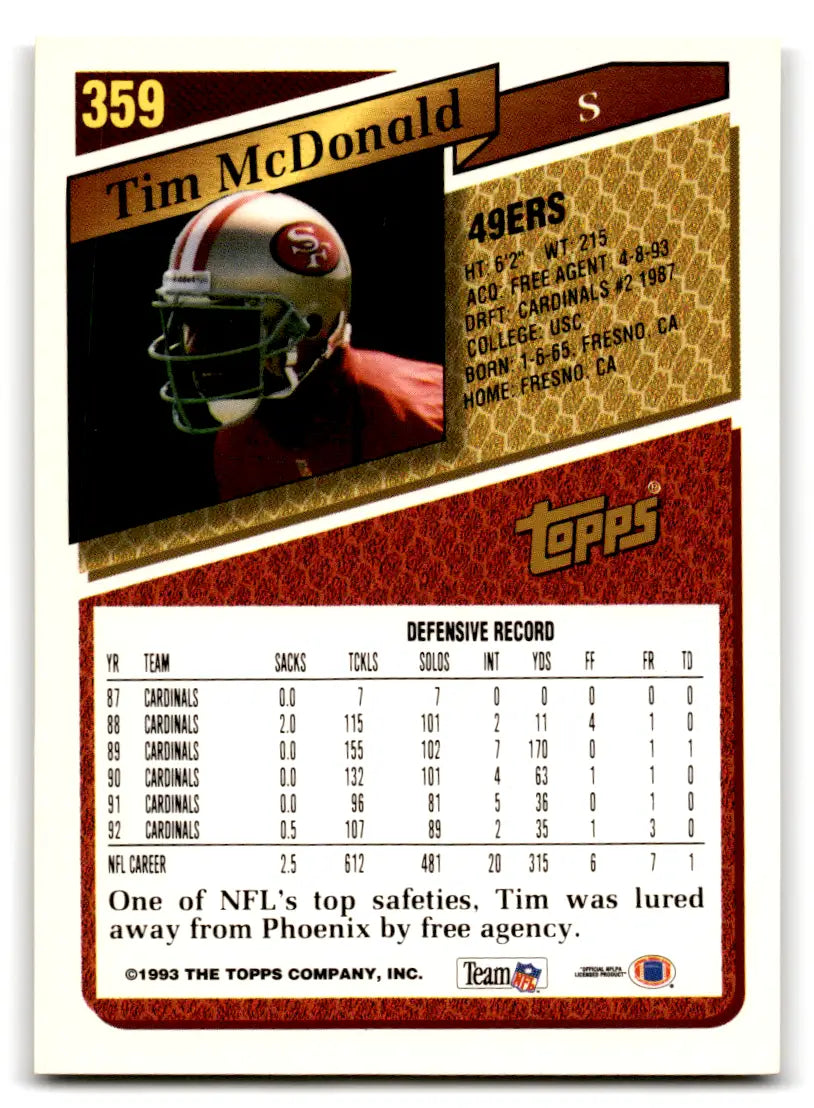 1993 Topps Football Tim McDonald #359 Gold 49ers - Football Card Single