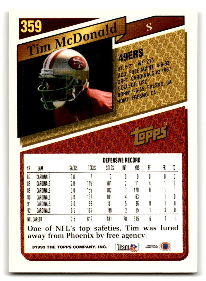 1993 Topps Football Tim McDonald #359 Gold 49ers - Football Card Single