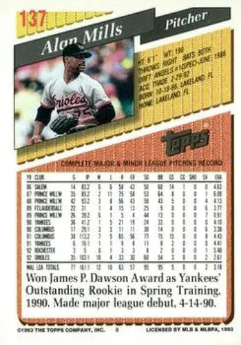 1993 Topps Gold #137 Alan Mills NM-MT Orioles - Baseball Card Single