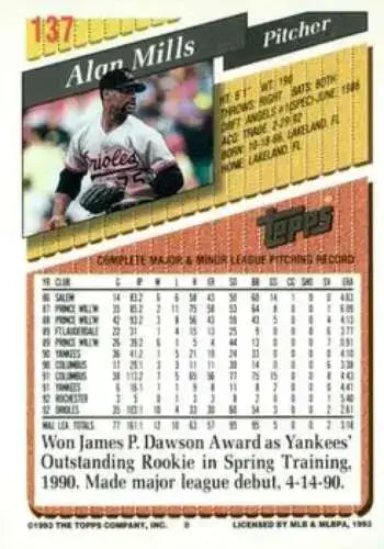 1993 Topps Gold #137 Alan Mills NM-MT Orioles - Baseball Card Single