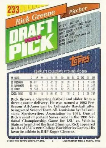 1993 Topps Gold Rick Greene baseball card with original gloss displayed in Simply Sandoval collection