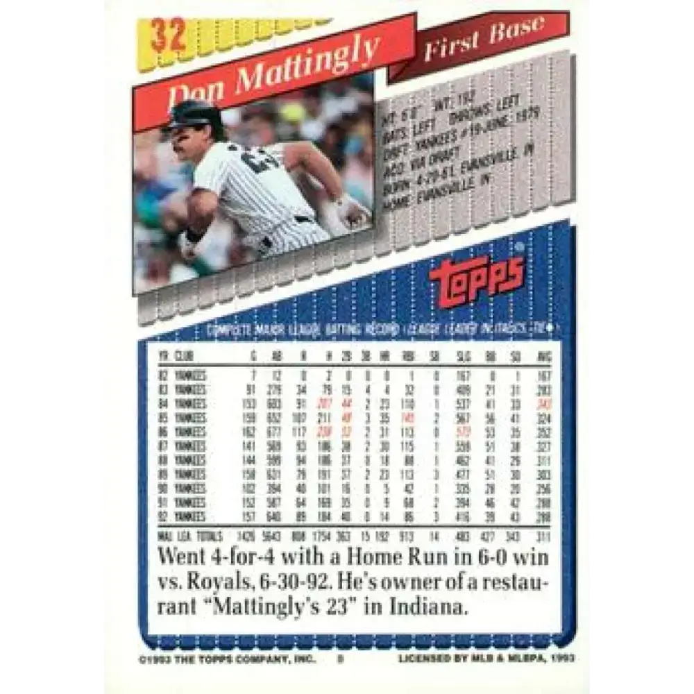 1993 Topps Gold #32 Don Mattingly NM-MT New York Yankees Baseball Card - Baseball Card Single