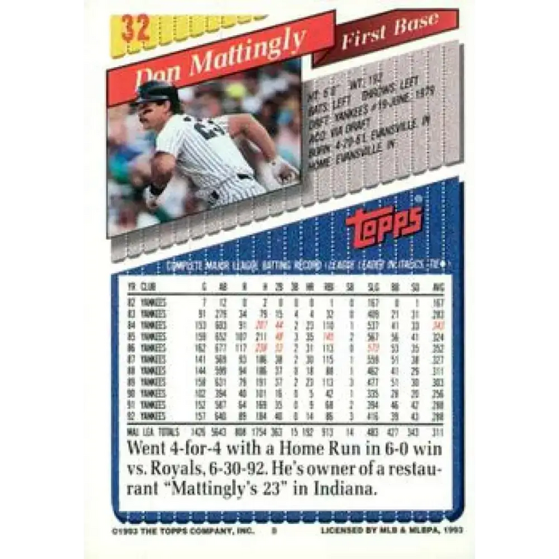 1993 Topps Gold #32 Don Mattingly NM-MT New York Yankees Baseball Card - Baseball Card Single