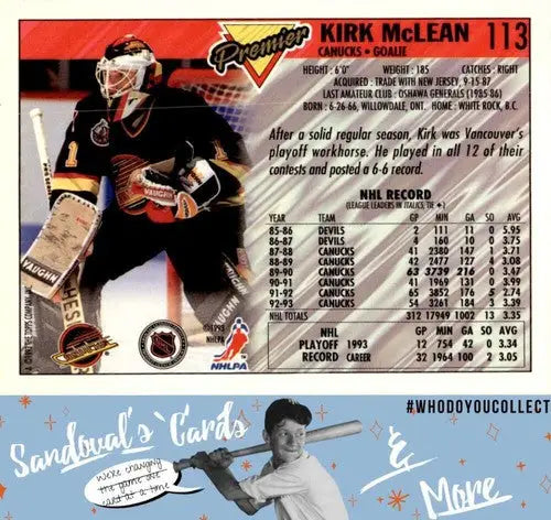 1993 Topps Premier Kirk McLean hockey card with original gloss in series 113