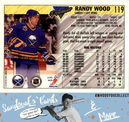 Original gloss 1993 Topps Premier Randy Wood hockey card featuring Randy Wood player