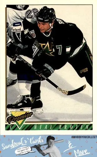 Original gloss hockey card featuring Neal Broten in action from Topps Premier 1993