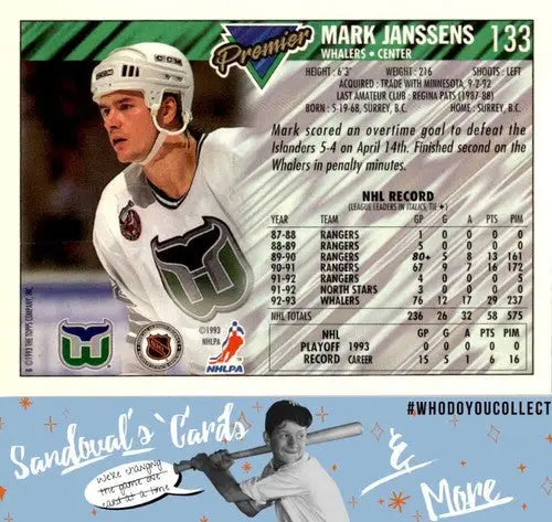Original gloss 1993 Topps Premier Mark Janssens hockey card ID 45590