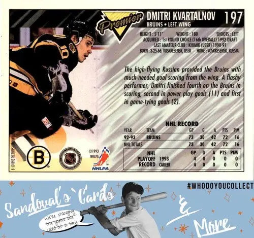 1993 Topps Premier #197 Dmitri Kvartalnov ID:45595 - Hockey Card Single