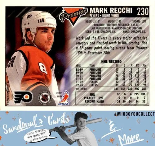Original gloss 1993 Topps Premier Mark Recchi hockey card ID 45586