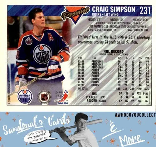 Original gloss 1993 Topps Premier Craig Simpson hockey card ID 45584