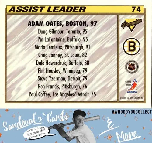 Hockey assist leader card from 1993 Topps Premier featuring Adam Oates with original gloss