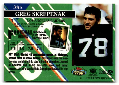 Original gloss Greg Skrepenak football card from Topps Stadium Club LA Raiders